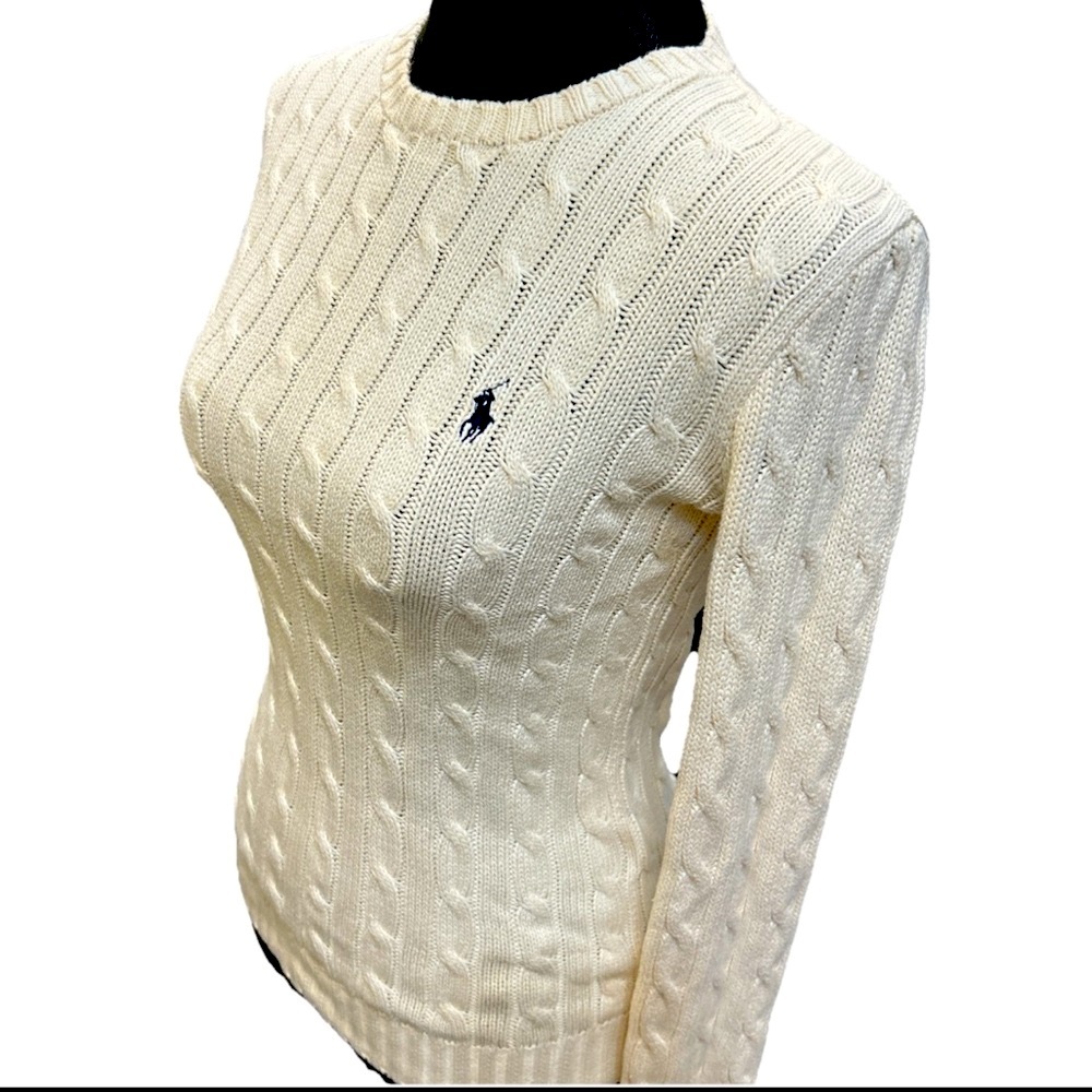VINTAGE RALPH LAUREN Cable-Knit Cotton Crewneck Pullover Sweater Cream Sz XS
